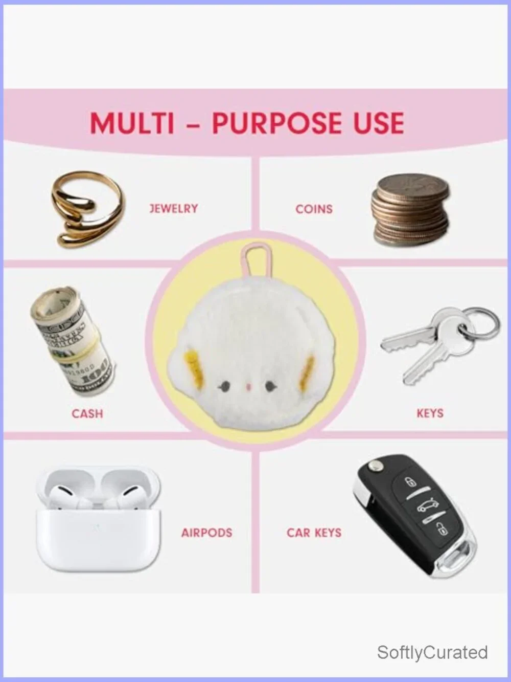 Sanrio Plush Earbud Pouch Keychain Charm, Fuzzy Coin Purse for Small Accessories